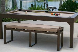 Brown and Beige Balcony outdoor pool table with custom all weather bench for seating