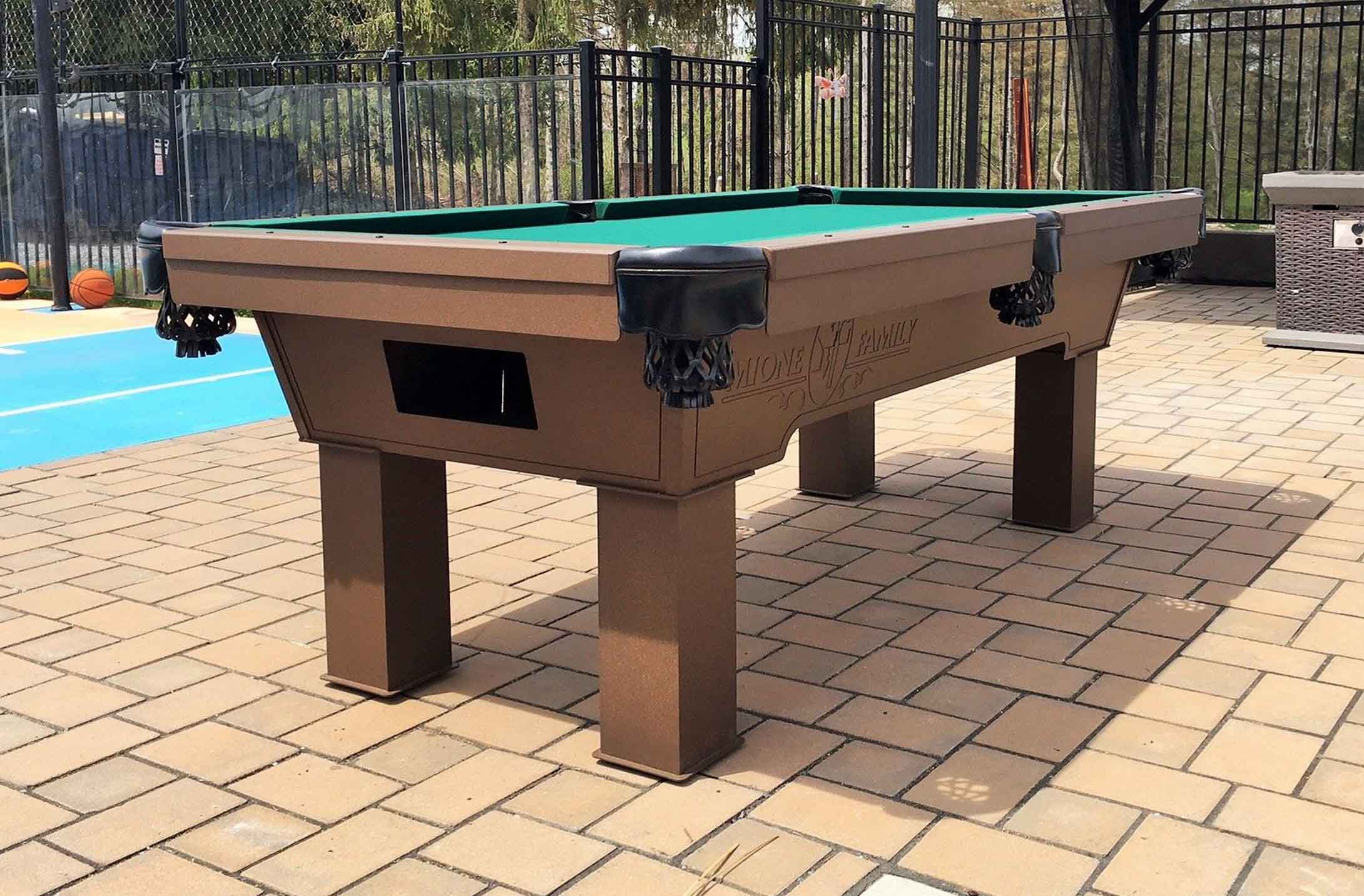 Custom all weather pool table with engraved logo from R&R Outdoors All Weather Billiards