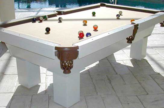 Brown and white Caesar custom outdoor pool table sis pool side in client's home in Southwest Florida