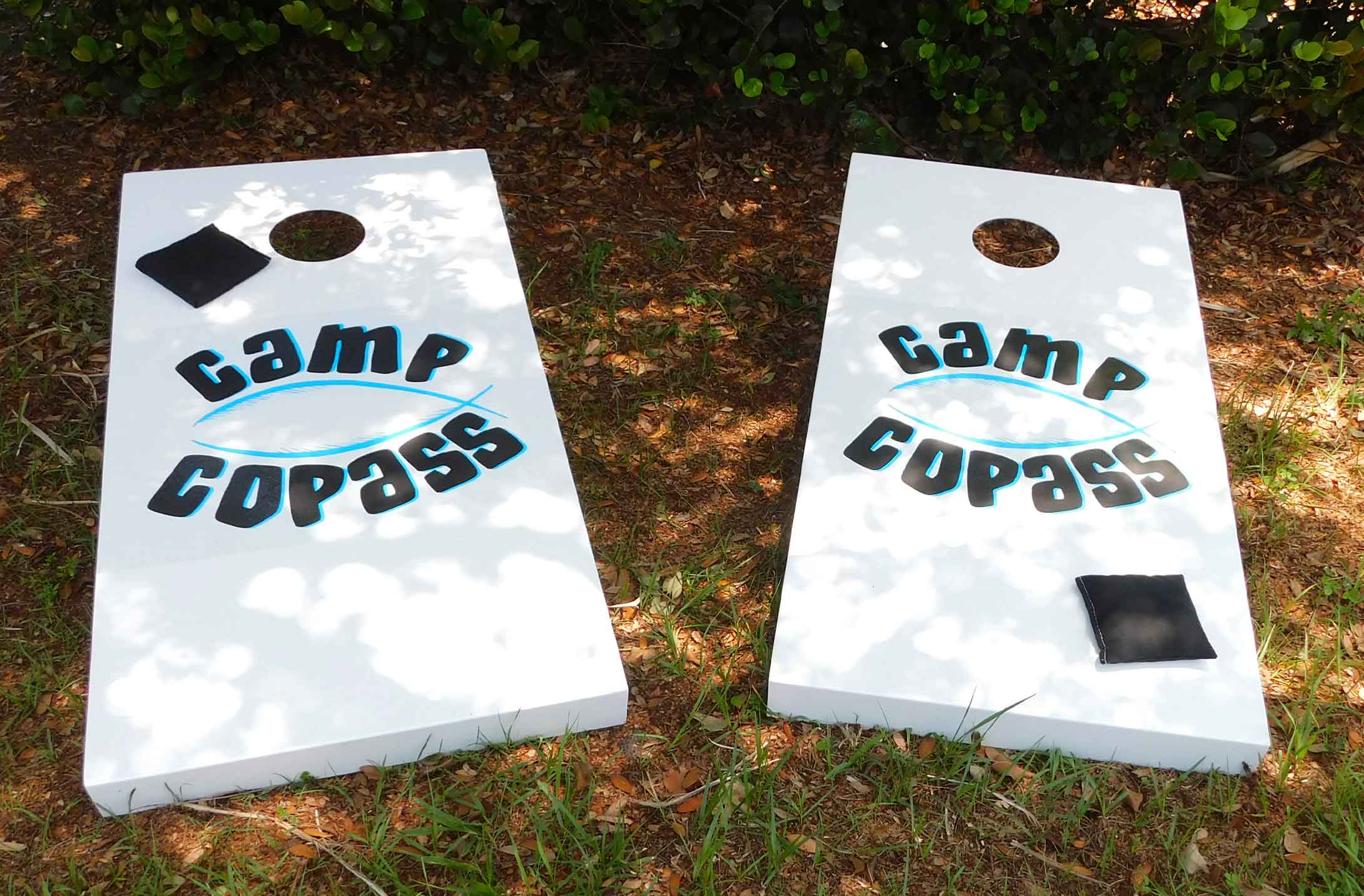 Camp Copass custom, outdoor corn hole set from R&R Outdoors All Weather Billiards