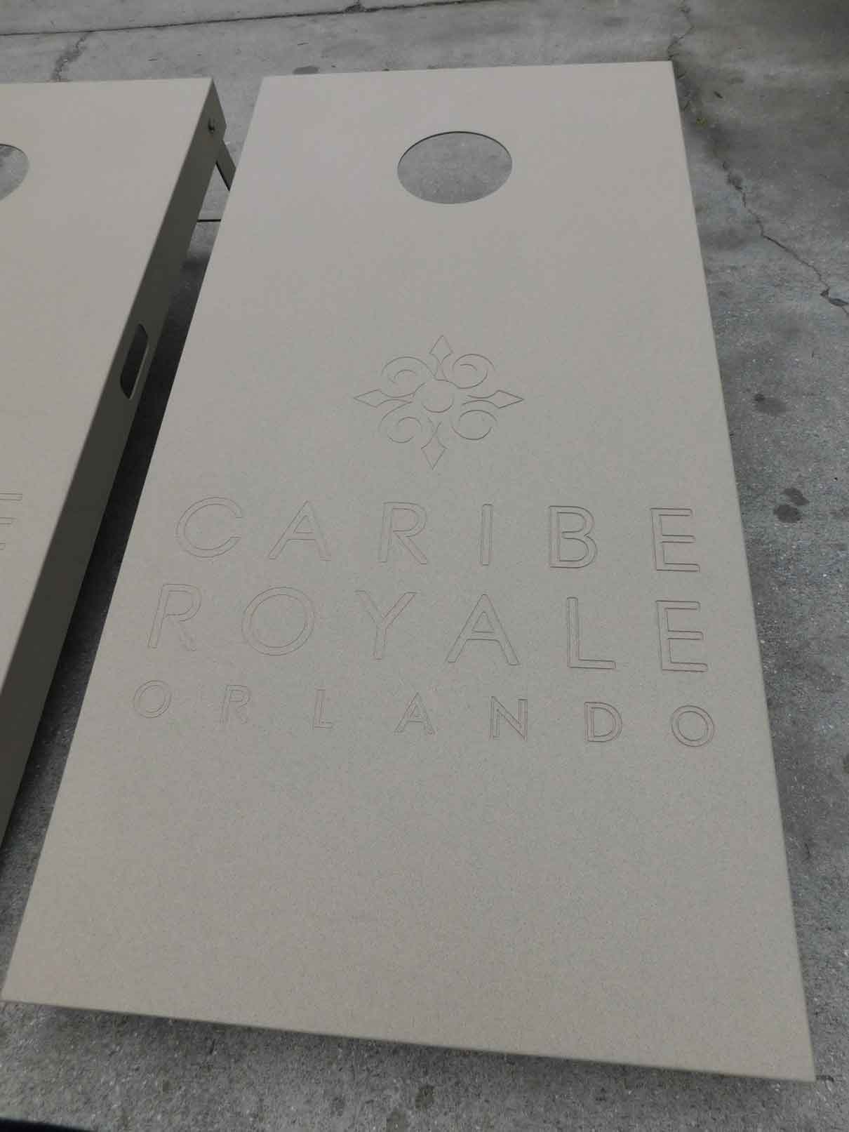 Caribe Royale Hotel in Orlando, Florida's custom, engraved cornhole set made by R&R Outdoors All Weather Billiards