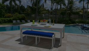 White balcony outdoor pool table with custom dining conversion top and all weather bench seating
