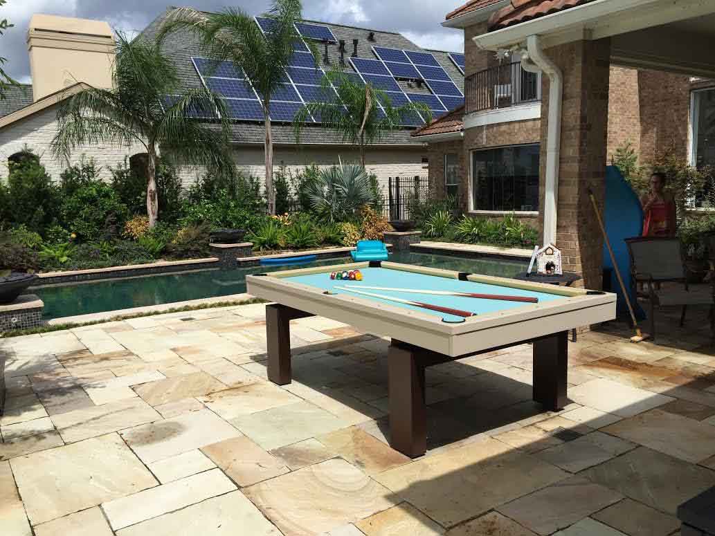 South Beach custom outdoor pool table model sits pool side for a client in Southwest Florida