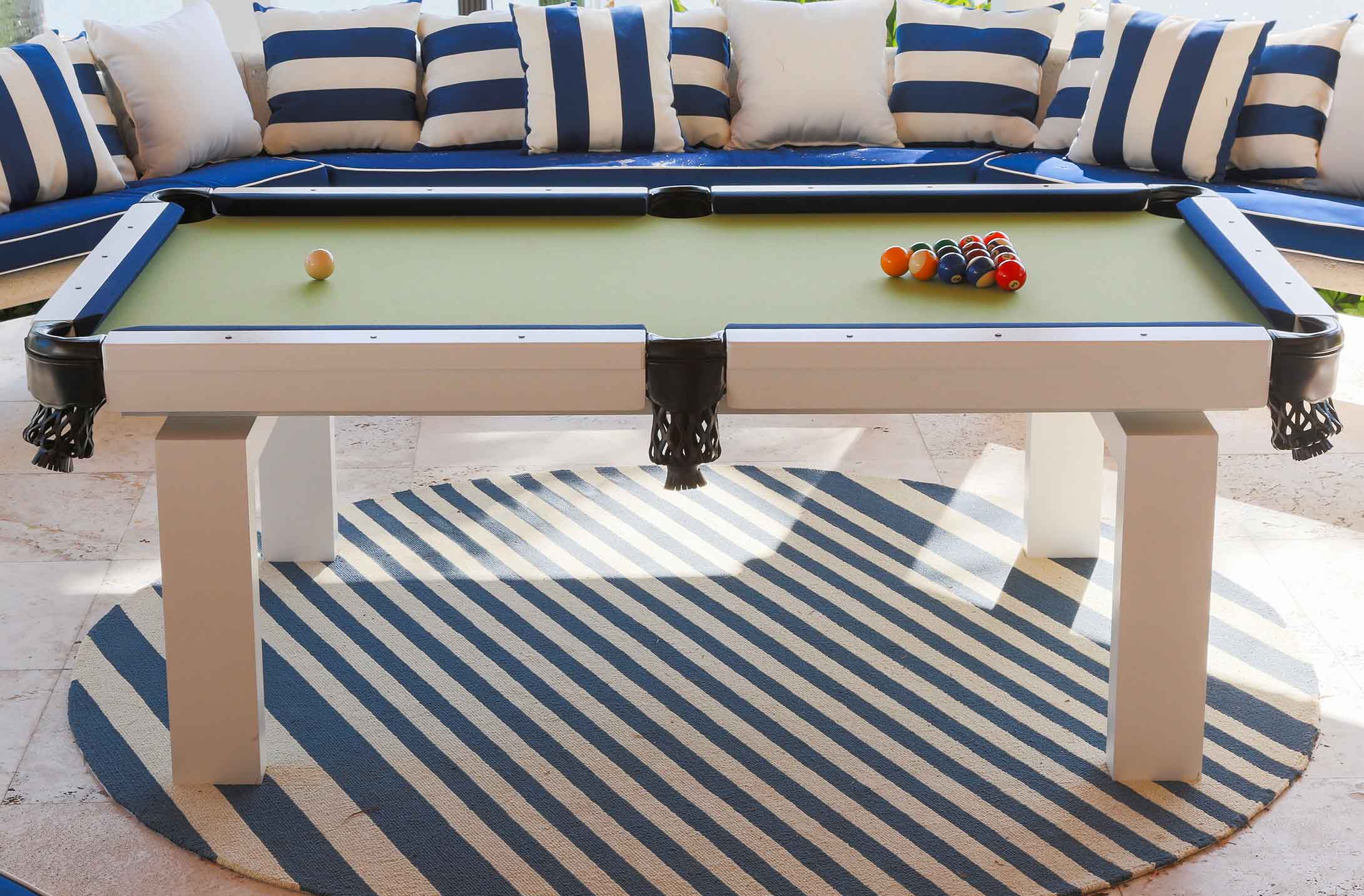 Blue, white and green Oasis custom outdoor pool table by R&R Outdoors All Weather Billiards