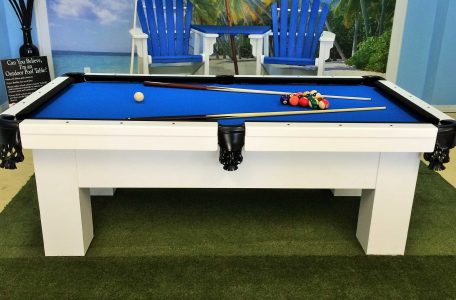 Blue, Black and White Orion custom outdoor pool table in R&R Outdoors All Weather Billiards showroom