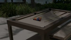 Brown and Beige Balcony outdoor pool table with custom all weather bench for seating