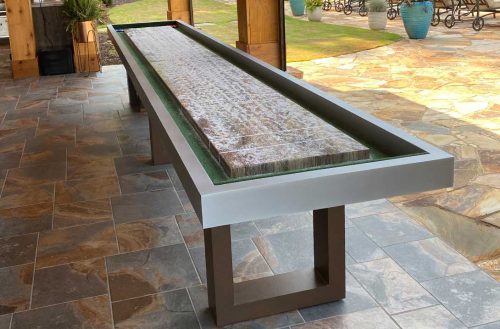 Outdoor shuffleboard table on customer's outdoor patio | R&R Outdoors All Weather Billiards