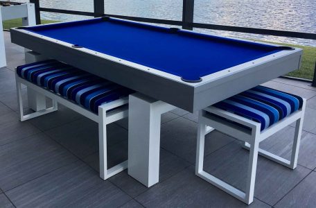 Outdoor pool table with large and small all weather seating bench