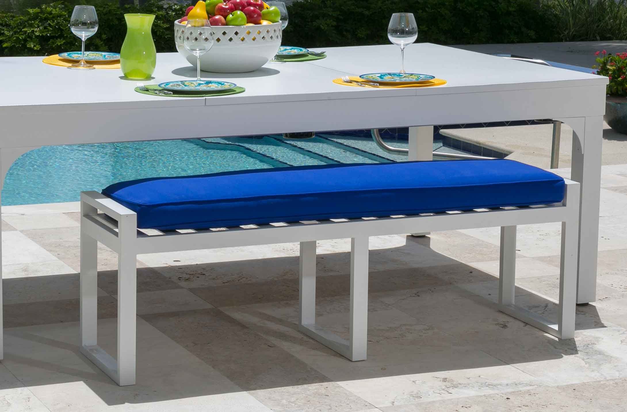 White, all weather, outdoor seating bench for custom pool and game tables by R&R Outdoors All Weather Billiards