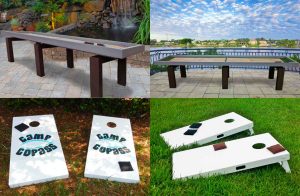 Shuffleboard and cornhole outdoor game tables by R&R Outdoors All Weather Billiards