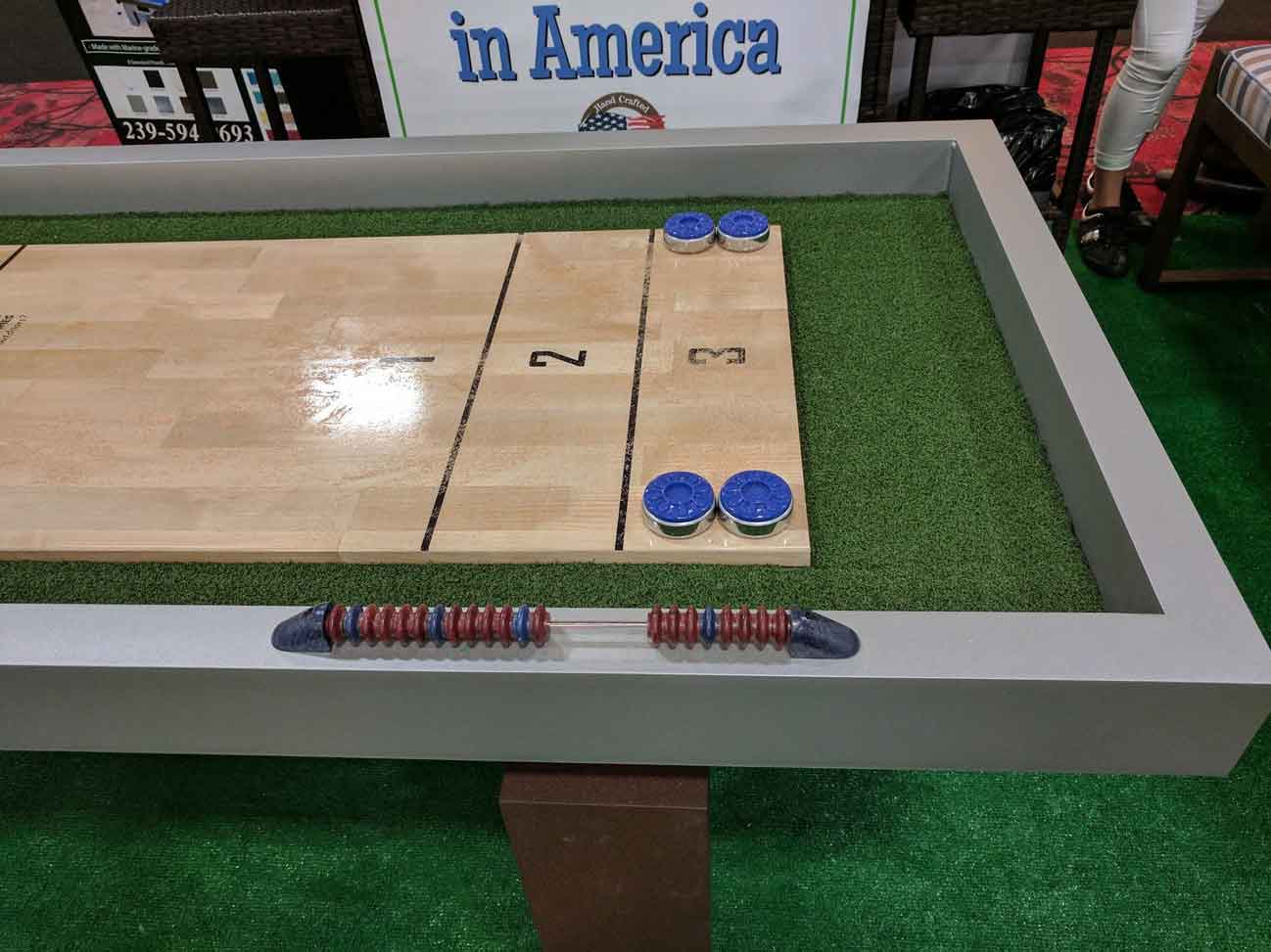 Close up image of playing surface on R&R Outdoors All Weather Billiards Rock Solid Shuffleboard game table