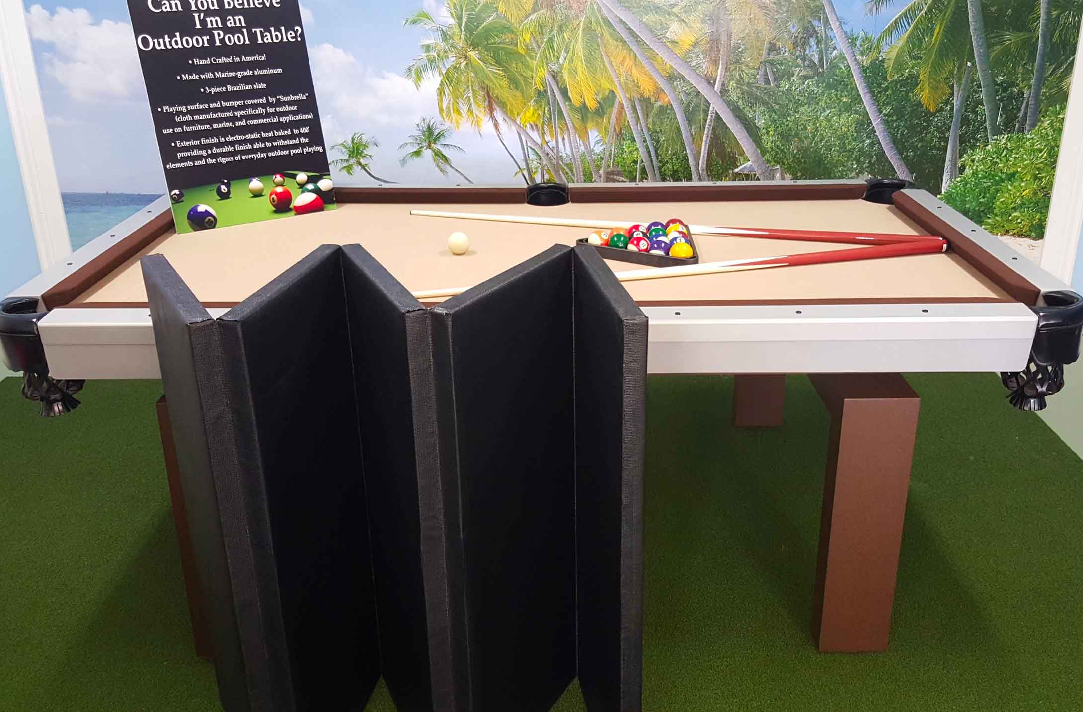 Outdoor pool table with foldable, pool table insert to convert your pool table into entertaining space